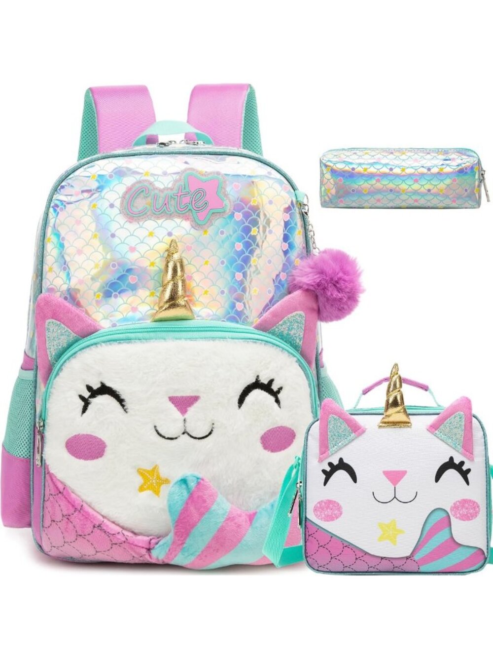 Cute Unicorn Mermaid Backpack Set for Girls - Bookbag with Lunch Box & Pencil
